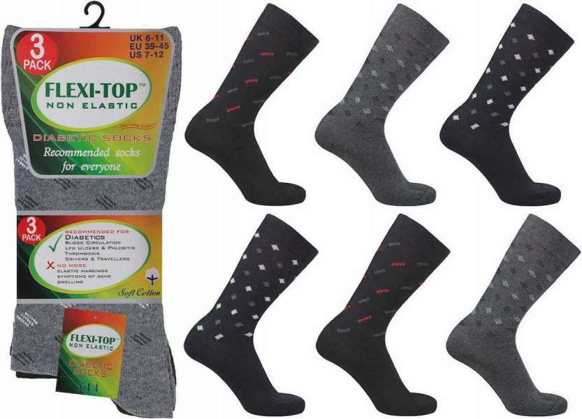 12 Pairs Men's Flexi-Top Non Binding Loose Elasticated Soft Top Socks Grey Patterned Mix