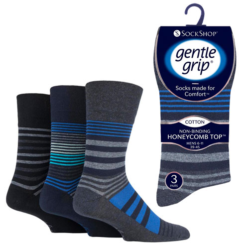 12 Pairs Men's Gentle Grip Cotton Socks Linear Vision Black Navy Charcoal