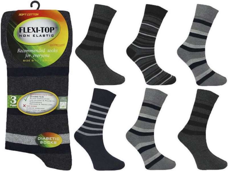 12 Pairs Men's Flexi-Top Non Binding Loose Elasticated Soft Top Socks Dark Stripes