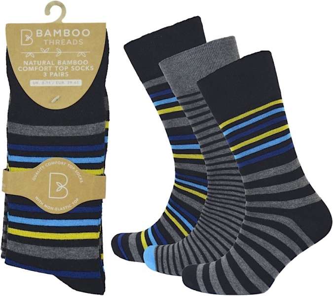 6 Pairs Mens Non Binding Loose Top Soft Grip Bamboo Socks Stripes Blue