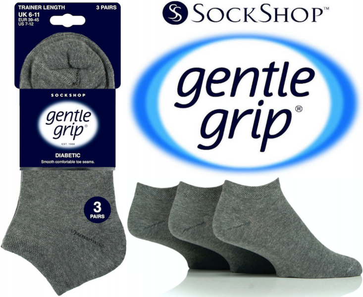 6 Pairs Men's Gentle Grip Diabetic Trainer Socks Grey