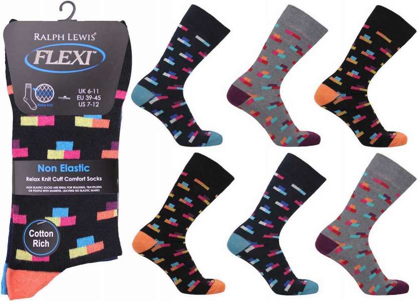 6 Pairs Men's Flexi-Top Non Binding Loose Elasticated Soft Top Socks Lego Blocks