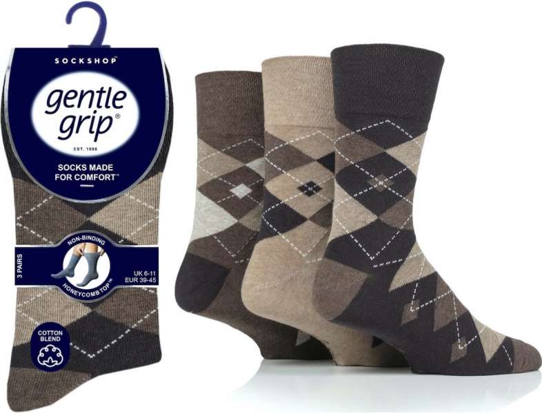 12 Pairs Men's Gentle Grip Cotton Socks Leven Argyle Brown-Natural