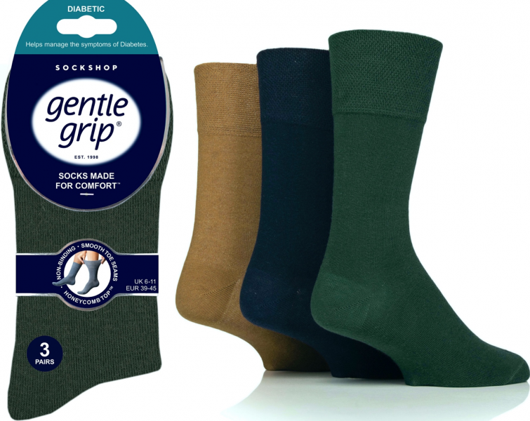 6 Pairs Men's Gentle Grip Diabetic Socks Ochre Navy Khaki