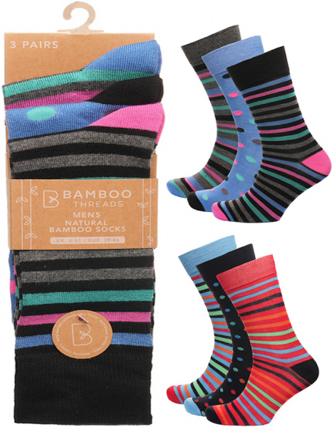 6 Pair Mens Non Binding Loose Top Soft Grip Bamboo Socks Multi Stripes