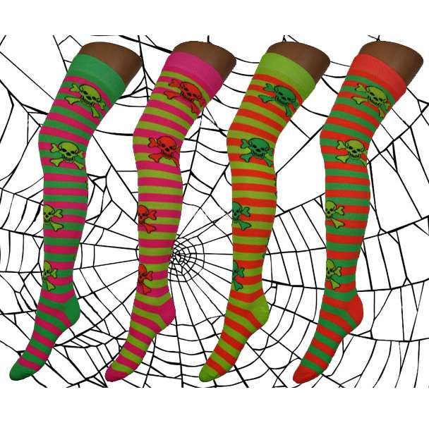 12 Pairs Girls Stripe Neon Skull & Cross Bones Over the Knee Socks Size 4-6