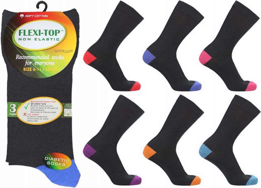 6 Pairs Men's Non Binding Loose Elasticated Soft Flexi-Top Socks Heel Toe Multi