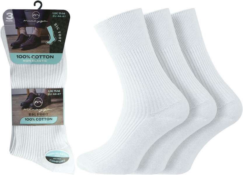 12 Pairs Men's Big Foot Non-Elastic 100% Cotton Assorted Socks UK 11-14 White