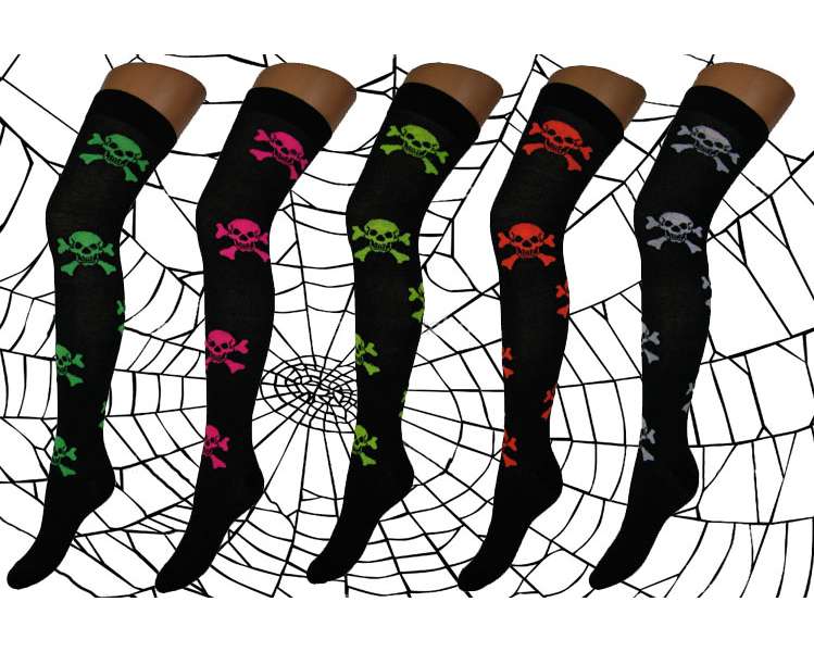 12 Pairs Girls Black Neon Skull & Cross Bones Over the Knee Socks Size 12½/3½