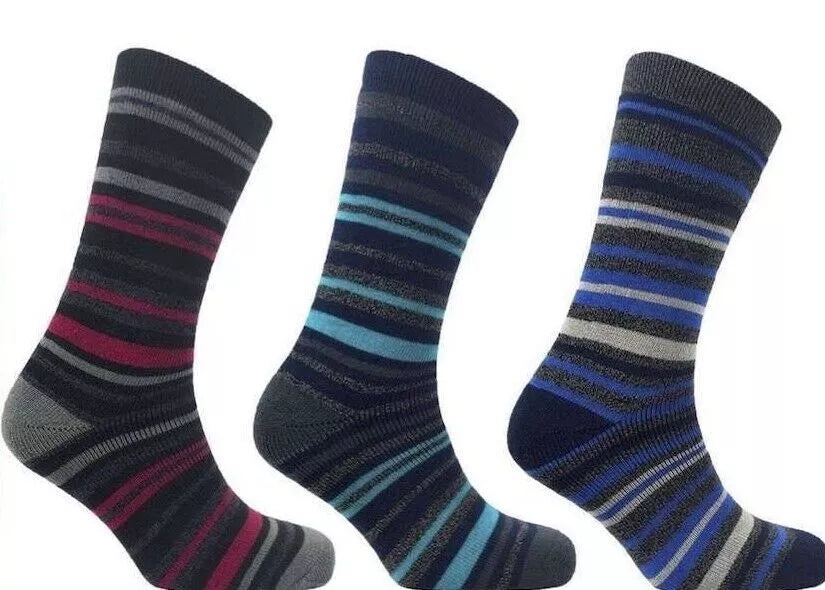 6 Pairs Men's Stripe Lightweight 1.6 Tog Rated Brushed Insulated Thermal Socks