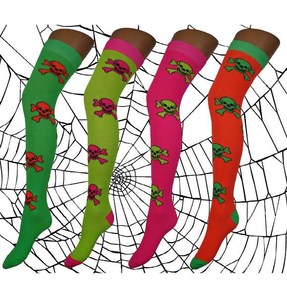 12 Pairs Girls Neon Skull & Cross Bones Over the Knee Socks Size 4-6