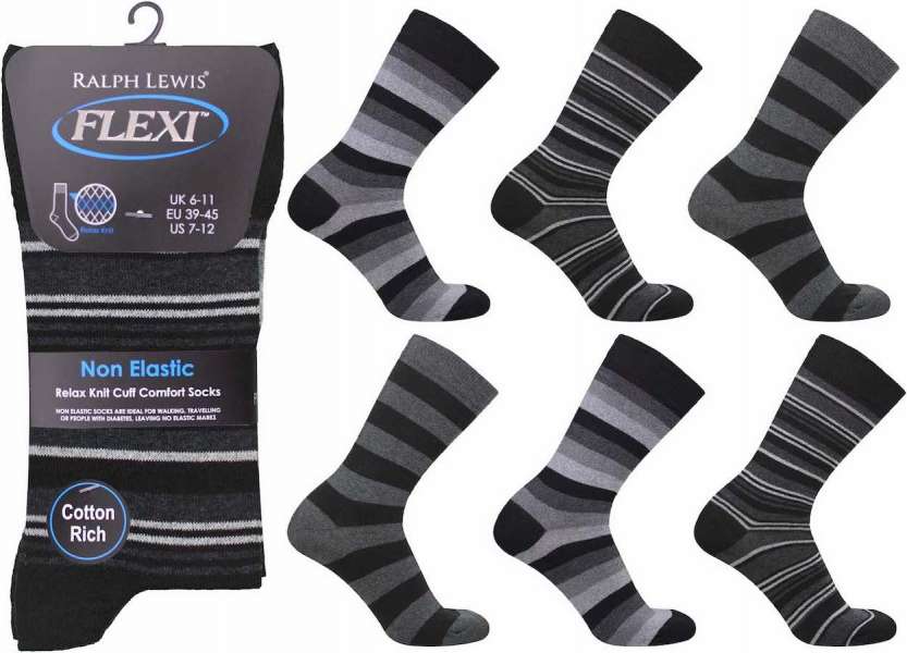 6 Pairs Men's Flexi-Top Non Binding Loose Elasticated Soft Top Socks Black Grey Stripes