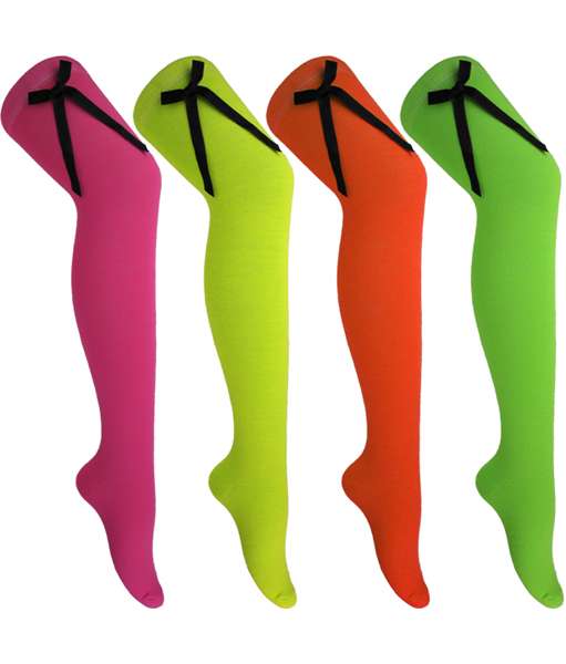 12 Pairs Girls Neon with Black Bow Over the Knee Socks Size 4-6