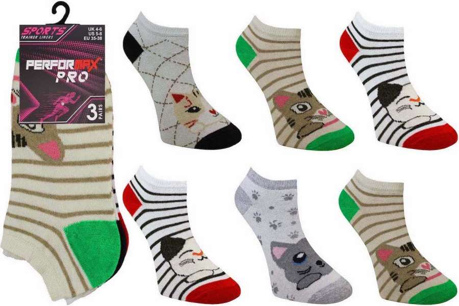 12 Pairs Performax Pro Cute Kitten Design Cotton Rich Trainer Liner Socks Size 4-6