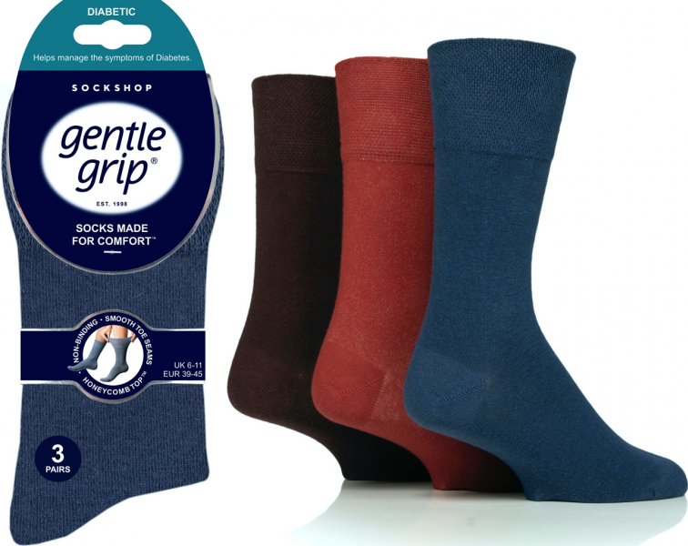 6 Pairs Men's Gentle Grip Diabetic Socks Burgundy Mix