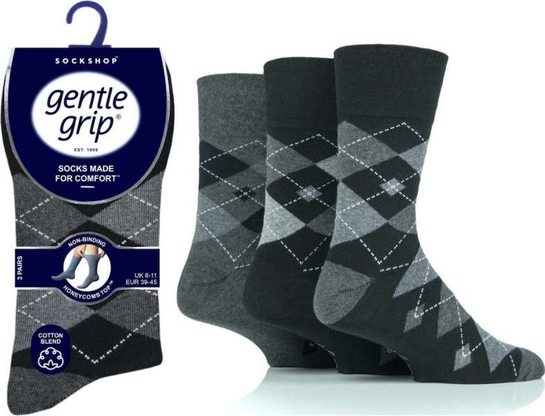 6 Pairs Men's Gentle Grip Cotton Socks Leven Argyle Black-Charcoal