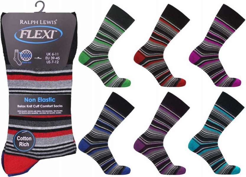 6 Pairs Men's Flexi-Top Non Binding Loose Elasticated Soft Top Socks Multi Stripes