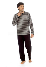 Afbeelding in Gallery-weergave laden, 6 Pack Mens Black Charcoal Yarn Dyed Stripe 100% Cotton Jersey Long Sleeve Pyjama
