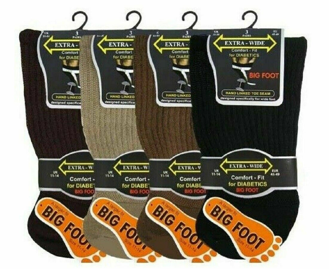 6 Pairs Mens Diabetic Cotton Extra Wide Non-Elasticated Bigfoot Socks with Hand Linked Toe Brown