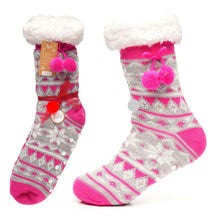 Load image into Gallery viewer, Ladies Christmas Lounge Socks With Sherpa Lining &amp; Pom Poms
