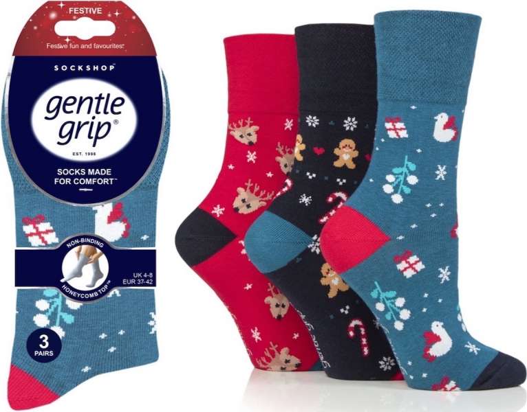 3 Pairs Ladies Gentle Grip Non Binding Festive Fun Socks