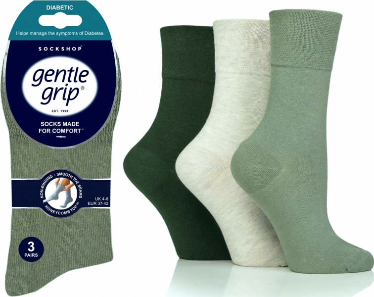 6 Pairs Ladies Diabetic Gentle Grip Seamless Toe Socks Forest Green Mix UK 4-8