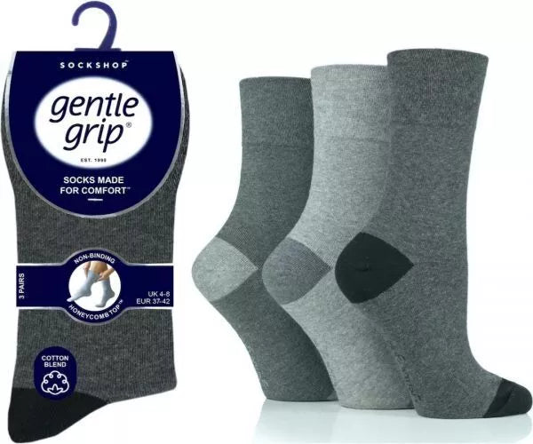 6 Pairs Ladies Gentle Grip Cotton Rich Non Binding Heel Toe Socks UK 4-8 Charcoal Grey