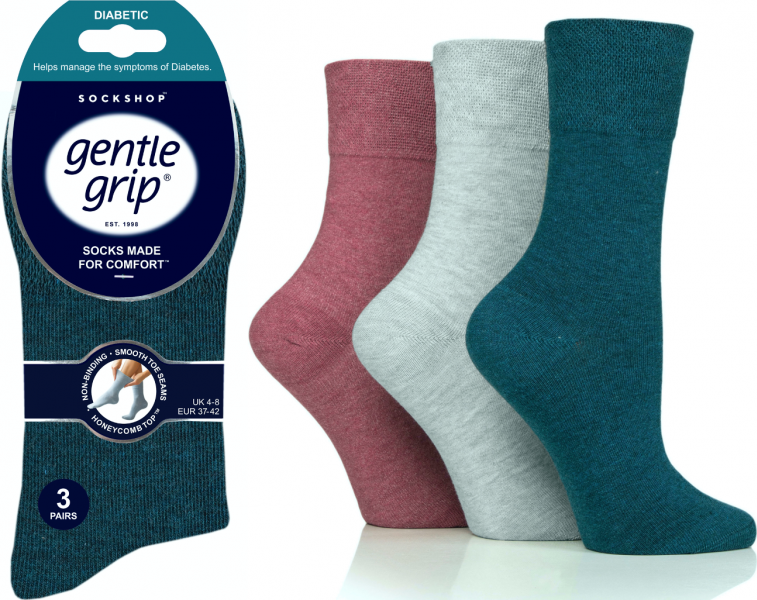 6 Pairs Ladies Diabetic Gentle Grip Seamless Toe Socks Teal Mix Mix UK 4-8