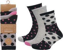 Load image into Gallery viewer, 6 Pairs Ladies Spots &amp; Stripes Super Soft Bamboo Comfort Soft Top Socks
