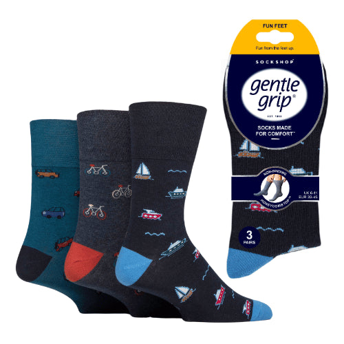 12 Pairs Men's Gentle Grip Cotton Socks Vehicles