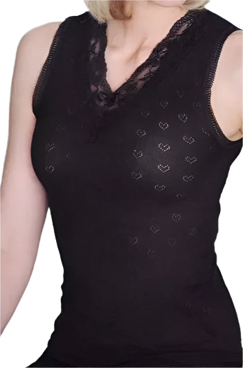 Ladies Snowdrop Thermal Built Up Shoulder Spencer with Lace Black