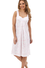 Load image into Gallery viewer, Ladies Marlon Jersey Polycotton Sleeveless Wide Strap 40" Linear Floral White Ground Nightdress
