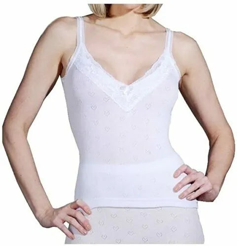 Ladies Snowdrop Thermal French Neck Spencer with Lace White