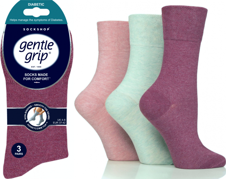 6 Pairs Ladies Diabetic Gentle Grip Seamless Toe Socks Pink Mix UK 4-8