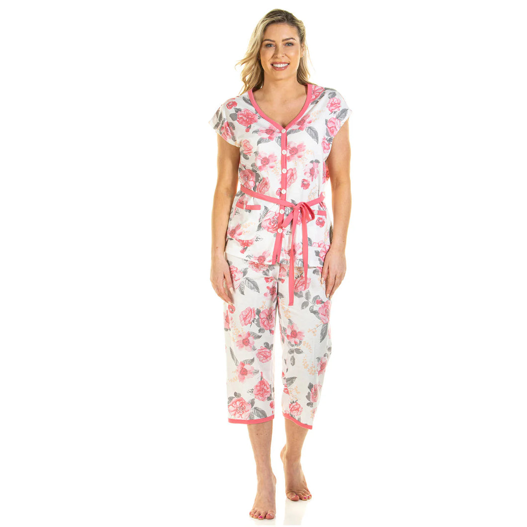 Ladies Roses Floral Jersey Cropped Leg Pyjamas