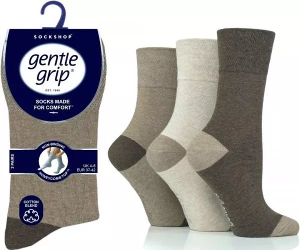 6 Pairs Ladies Gentle Grip Cotton Rich Non Binding Heel Toe Socks UK 4-8 Brown Neutral