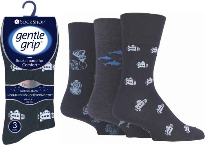 12 Pairs Men's Gentle Grip Cotton Socks Fun Feet Deep Sea