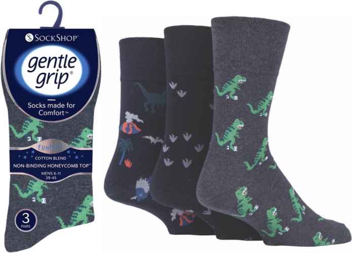 12 Pairs Men's Gentle Grip Cotton Socks Fun Feet Dinosauria