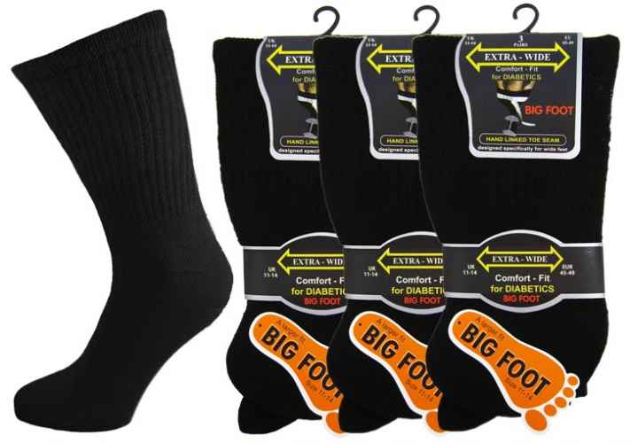 6 Pairs Men's Diabetic Cotton Extra Wide Non-Elasticated Bigfoot Socks with Hand Linked Toe Black