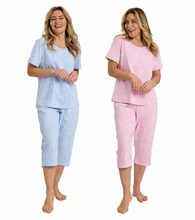تحميل الصورة إلى عارض المعرض، Ladies 100% Cotton Jersey Dotty Floral Short Sleeve Crop Capri Pyjamas
