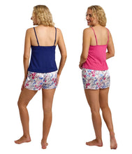 تحميل الصورة إلى عارض المعرض، Ladies Vibrant Floral Print Satin &amp; Jersey Short Pyjama Set Navy &amp; Cerise

