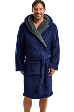 Carica l'immagine nel visualizzatore di Gallery, Mens Navy Holkham Cosy Hooded Sherpa Fleece Robe Gown
