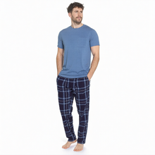 Charger l'image dans la galerie, 6 Pack Mens Blue Polycotton Jersey Short Sleeve Top &amp; Soft Fleece Checked Pants
